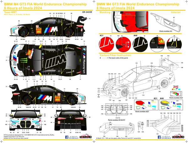 SK decals SK24226 BMW M4 GT3 FIA World Endurance Championship 6 Hours of Imola 2024 Team WRT Nr 46 & Nr 31